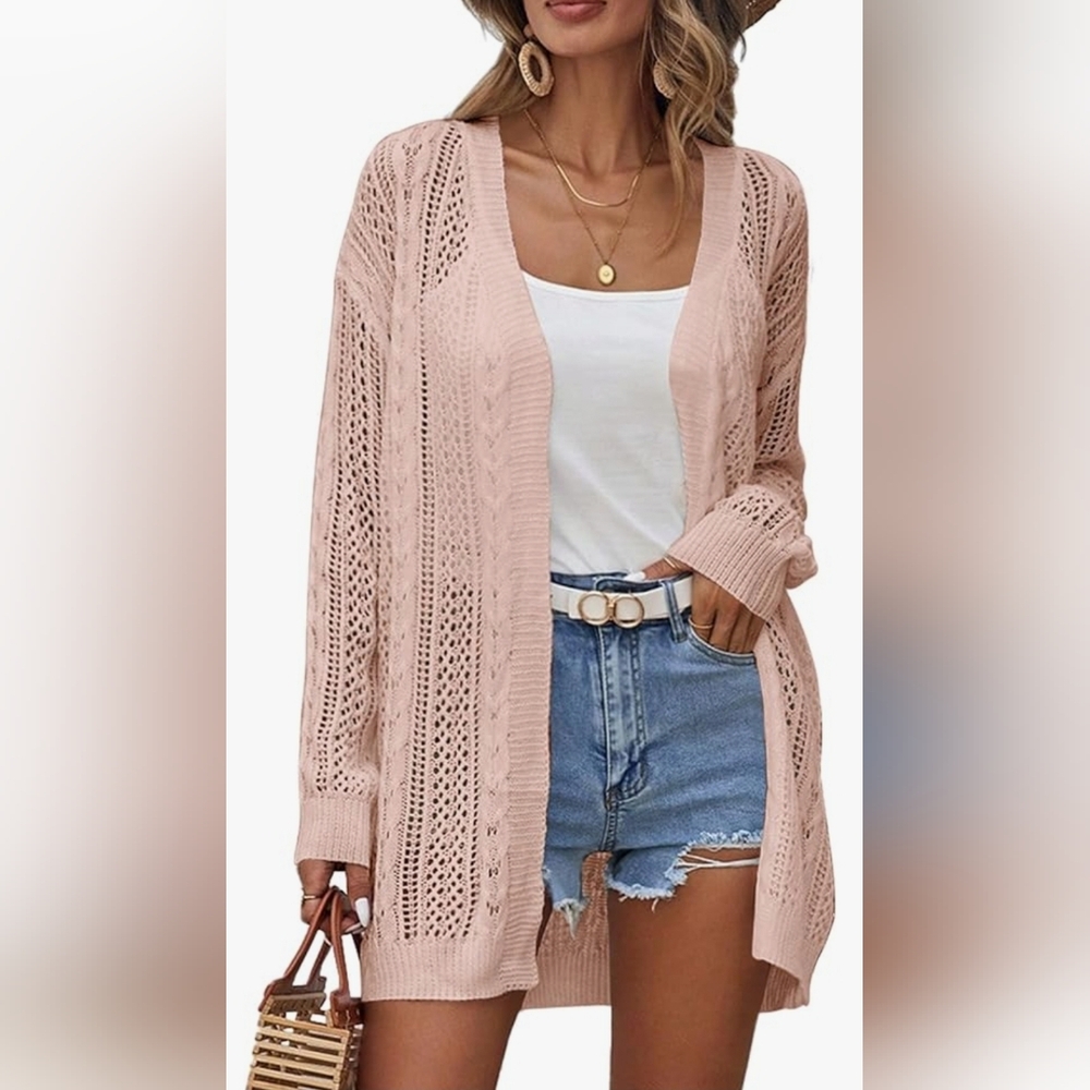 New! Fashion Womens Medium soft pink sheer crochet knit cardigan sweater